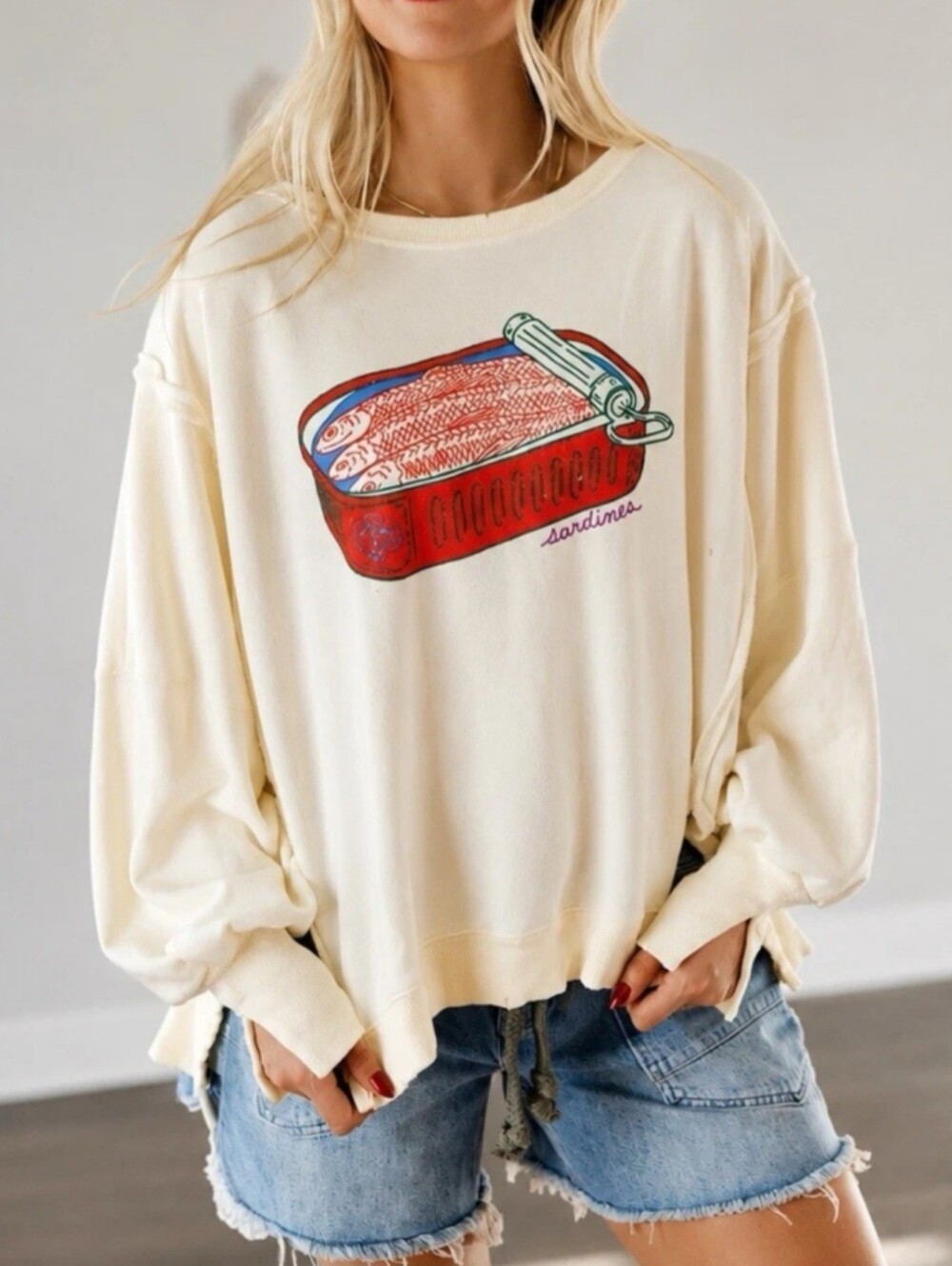 Free People Graphic Camden Pullover Sardins Print Sweatshirt